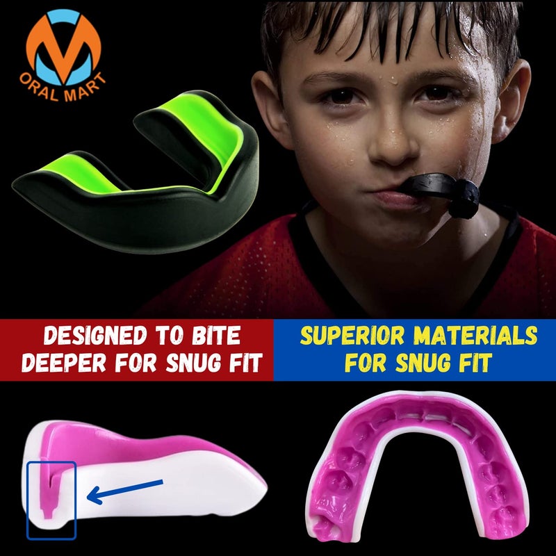 Oral Mart حارس الفم الأسود/الأخضر للشباب من أورال مارت للأطفال - حارس فم للشباب للكاراتيه، كرة القدم الأمريكية، فنون القتال، التايكوندو، الملاكمة، كرة القدم، الرجبي، جيو جيتسو البرازيلية، موياي تاي، كرة القدم، الهوكي - Image 5